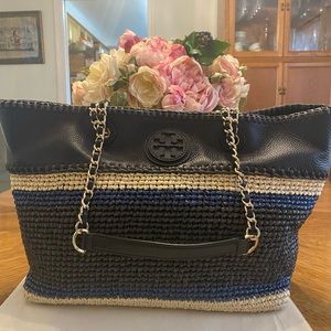 Black/Navy/Beige Tory Burch Laptop Tote